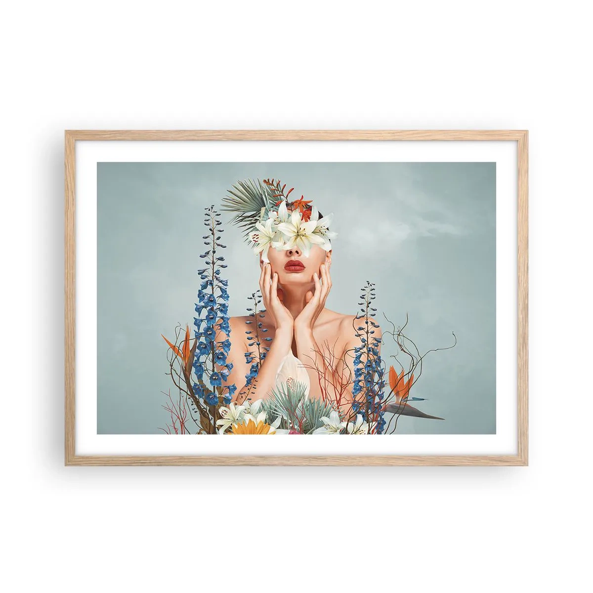 Poster in light oak frame - Woman – Flower - 70x50 cm