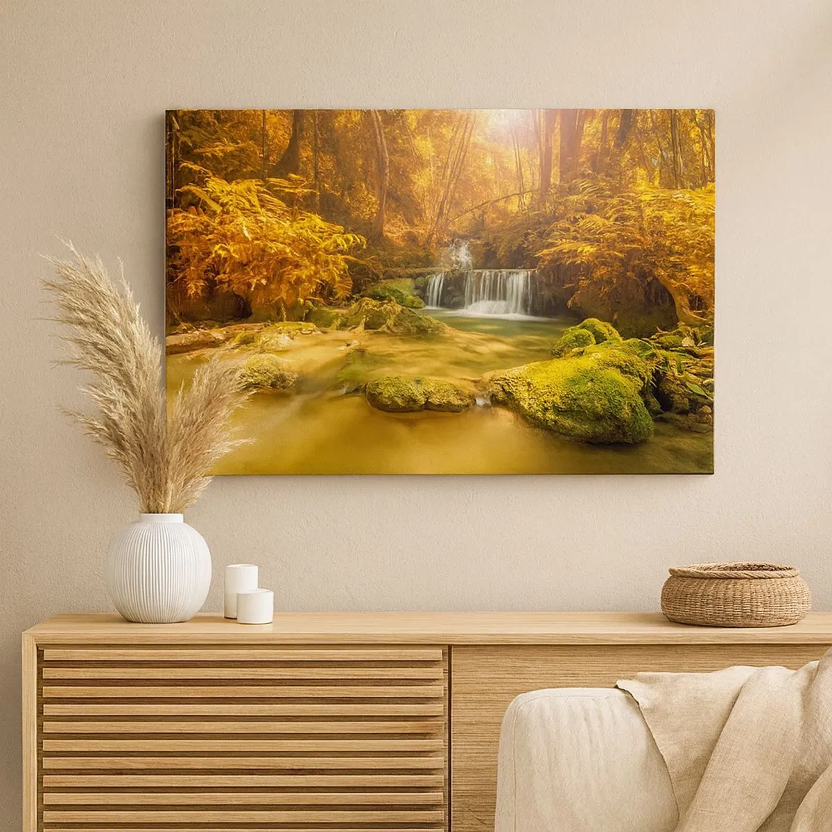 Canvas picture - A golden waterfall in an autumn forest surrounded by greenery - 70x50cm - Forest Cascade in Gold - Modern wall decoration for the living room and bedroom ARTTOR