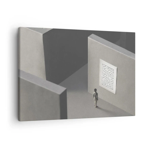 Canvas picture - A figure in a maze looking at a hanging map - 70x50cm - But Where Am I? - Modern wall decoration for the living room and bedroom ARTTOR