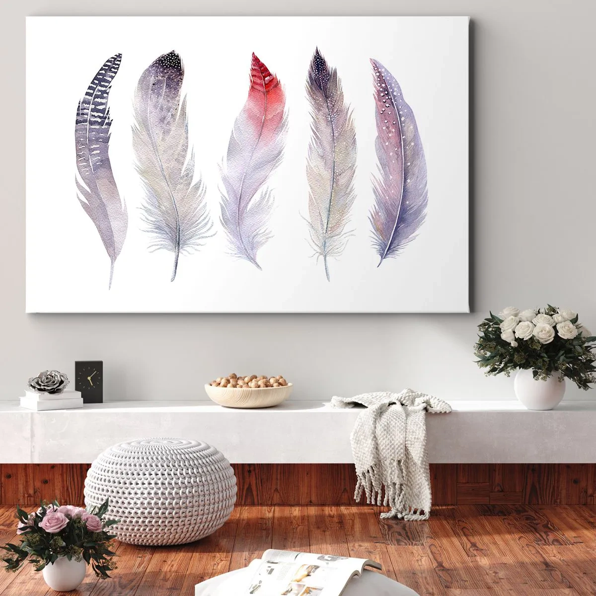 Canvas picture - Five delicate feathers in pastel shades on a light background - 70x50cm - Delicate Like Pink Fog - Modern wall decoration for the living room and bedroom ARTTOR