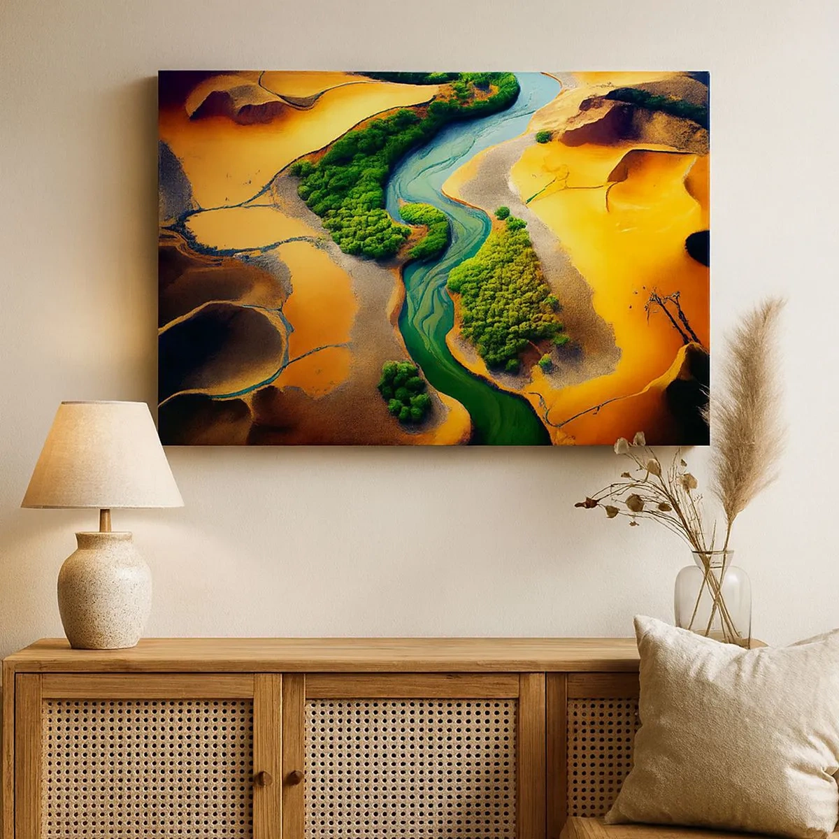 Canvas picture - A green river surrounded by golden sands and vegetation - 70x50cm - Life-giving River - Modern wall decoration for the living room and bedroom ARTTOR