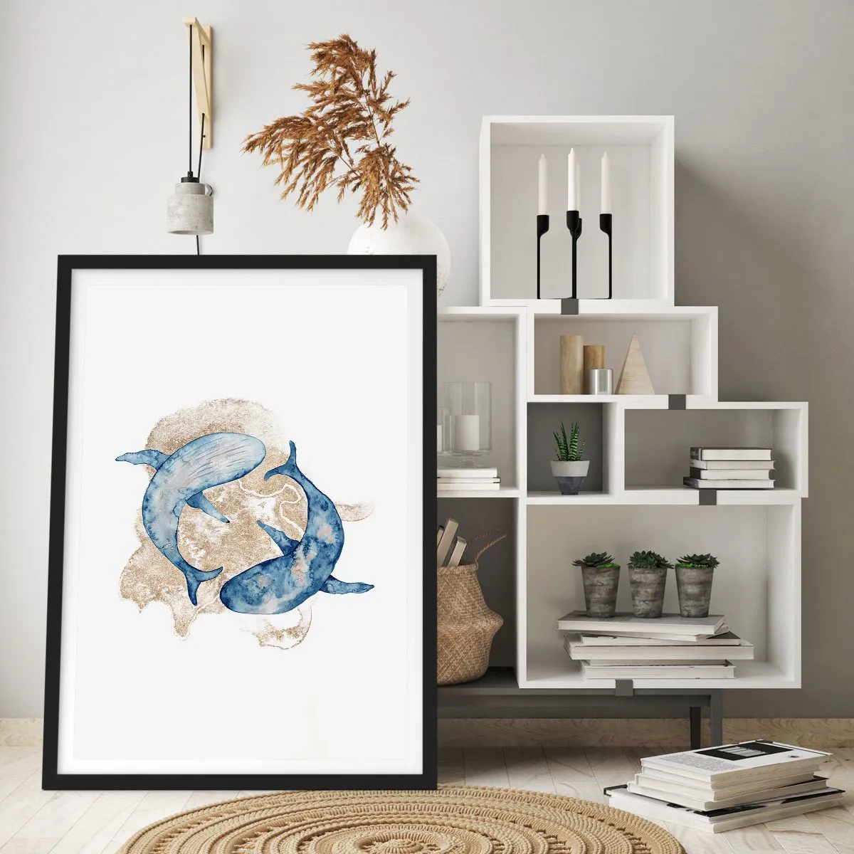 Poster in black frame - An abstract painting of two fin whales - 50x70cm - Frendship or Love? - Modern wall decoration for the living room and bedroom ARTTOR