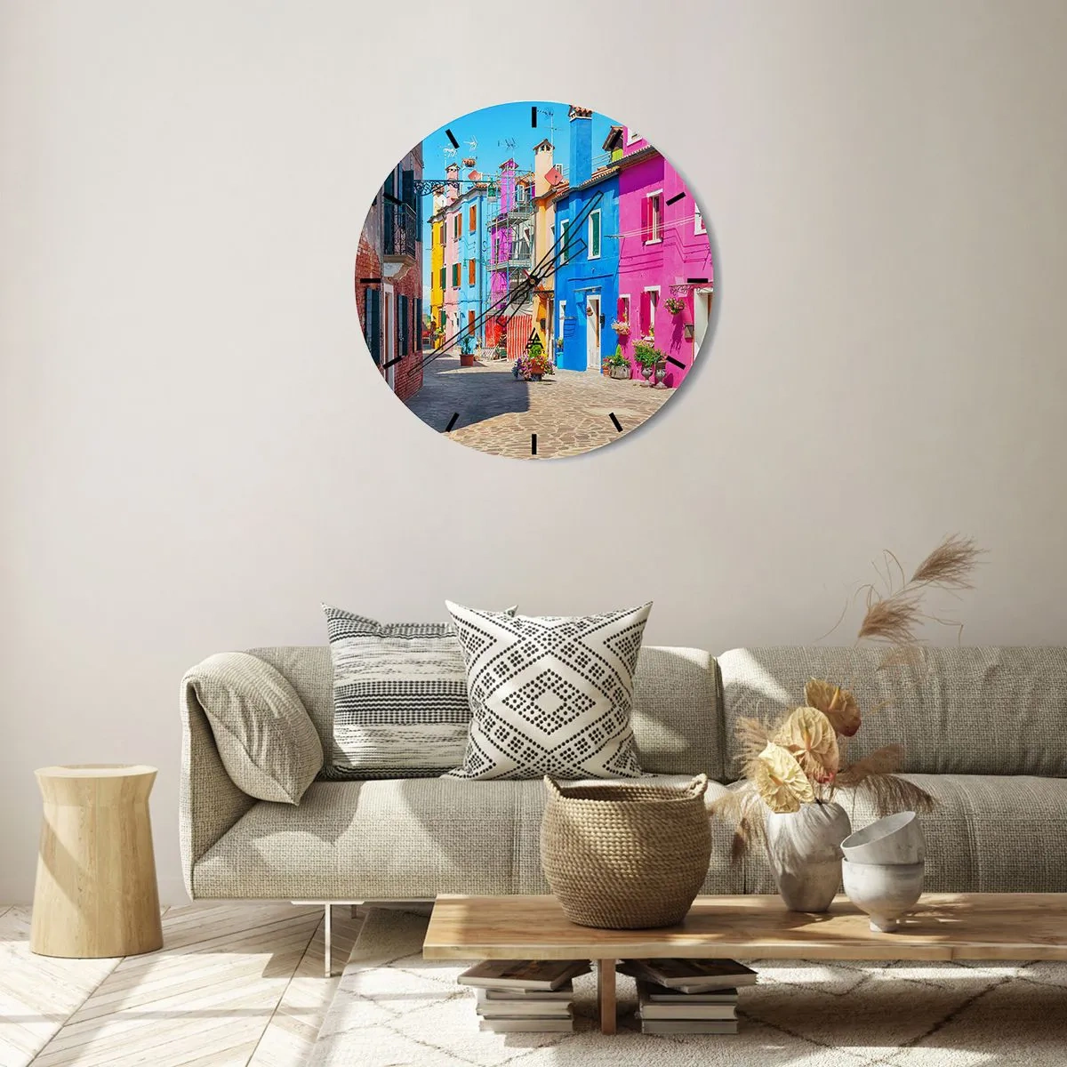 Wall clock - Clock on glass - Town Bursting with Colours - 40x40 cm