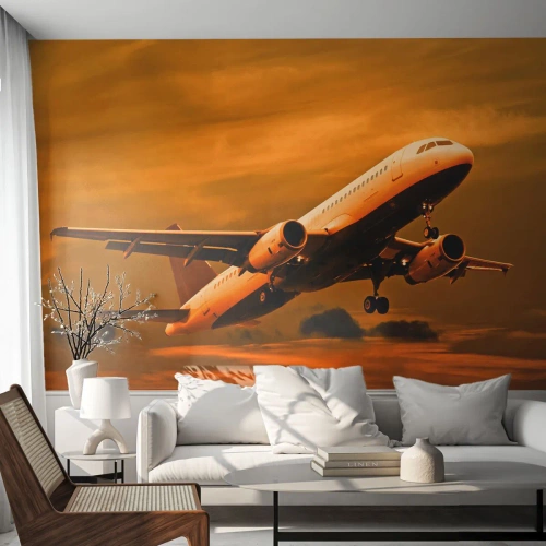 Photo Wallpaper Premium Canvas - Flight towards the Sun - Plane, Trip, Sunset - 500x350 cm