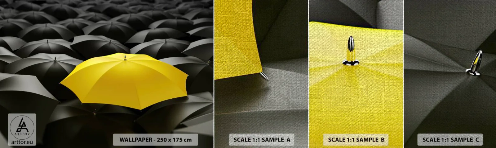 Photo Wallpaper Sample Premium Canvas - Goodbye Sadness - Yellow Umbrellas, Graphics, Concept - 100x30 cm