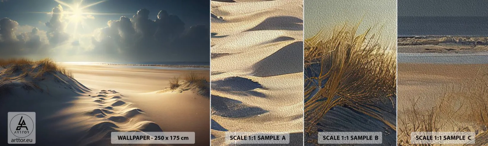 Photo Wallpaper Sample Premium Sand - Calming Landscape - Dunes, Beach, Ocean - 100x30 cm