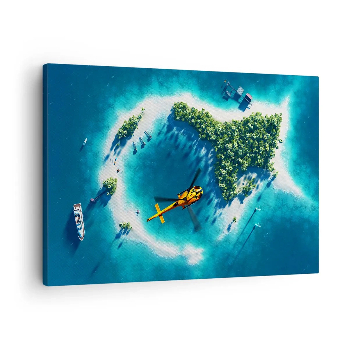 Canvas picture - A tropical island surrounded by turquoise water with a helicopter in sight - 70x50cm - Get Yourself an Island - Modern wall decoration for the living room and bedroom ARTTOR