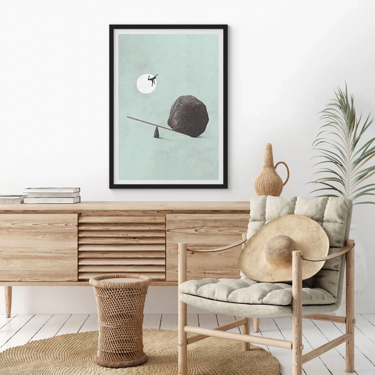 Poster in black frame - A minimalist scale with a stone and a figure against the backdrop of the moon - 50x70cm - Dream Come True - Modern wall decoration for the living room and bedroom ARTTOR