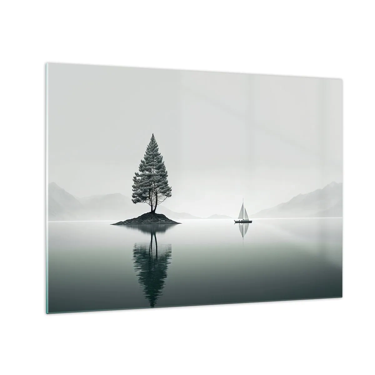 Glass picture - A lone tree on an island and a sailboat on a calm lake - 70x50cm - Daydreaming - Modern wall decoration for the living room and bedroom ARTTOR