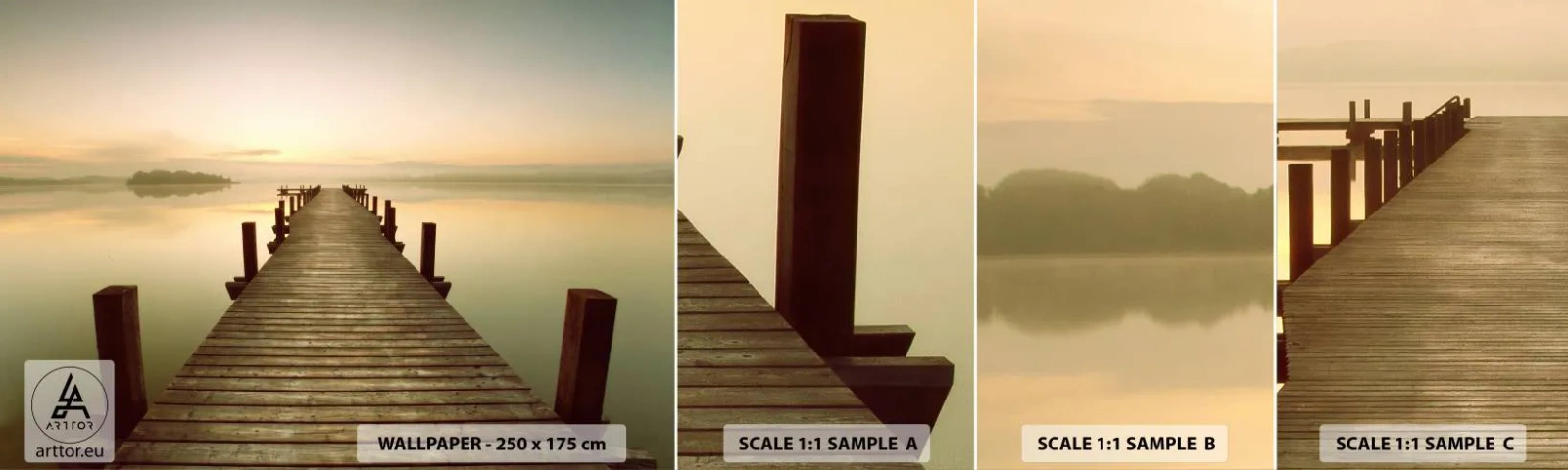 Photo Wallpaper Sample Self-Adhesive Deluxe Sticker - Before Dawn, Dawn, Light - Landscape, Lake, Wooden Bridge - 100x30 cm