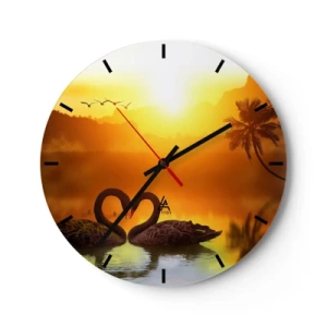 Wall clock - Clock on glass - Two black swans on a lake at sunset - 30x30cm - Paired up - Modern wall decoration for the living room, kitchen, and bedroom ARTTOR