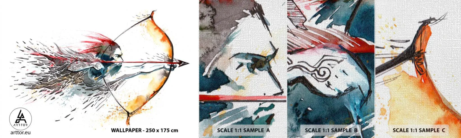 Photo Wallpaper Sample Premium Canvas - Mythical Warrior with a Fiery Bow - Abstraction, Gunman, Bow Shot - 100x30 cm