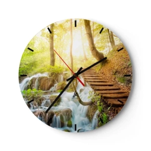 Wall clock - Clock on glass - A wooden path next to waterfalls in a sunlit forest - 30x30cm - Long Awaited Coolness - Modern wall decoration for the living room, kitchen, and bedroom ARTTOR