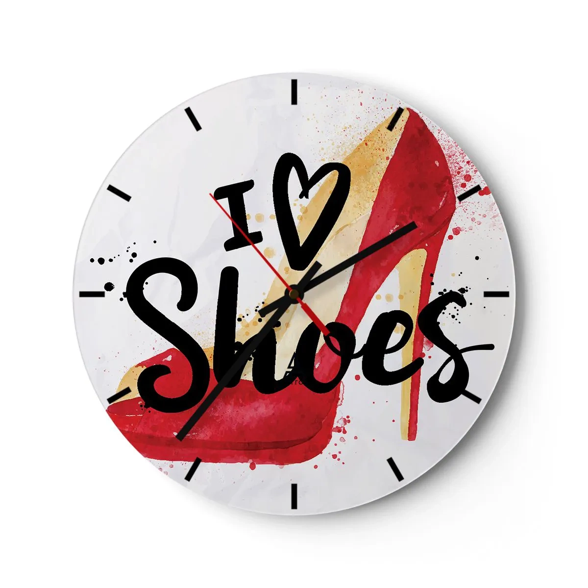 Wall clock - Clock on glass - A red high heel with the words "I love shoes" written on it. - 30x30cm - Love Has Many Names - Modern wall decoration for the living room, kitchen, and bedroom ARTTOR