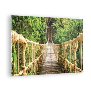 Glass picture - A wooden rope bridge surrounded by lush greenery - 70x50cm - Suspended in Green - Modern wall decoration for the living room and bedroom ARTTOR