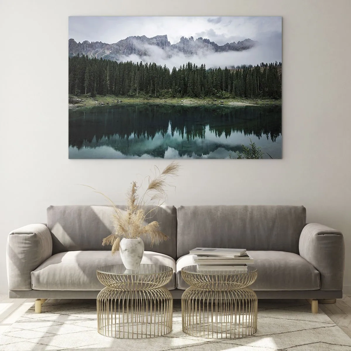 Glass picture - Mountain landscape with a lake and forest reflected in the water - 70x50cm - Quiet Please, Let's Not Wake Up Still Waters - Modern wall decoration for the living room and bedroom ARTTOR