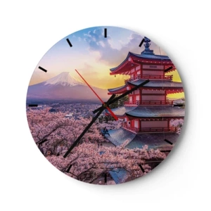 Wall clock - Clock on glass - A pagoda among cherry blossoms with Mount Fuji in the background - 30x30cm - The Essence of Japanese Spirit - Modern wall decoration for the living room, kitchen, and bedroom ARTTOR