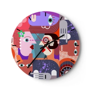 Wall clock - Clock on glass - Colorful abstraction with a cubist-style face motif - 30x30cm - Eye to Eye - Modern wall decoration for the living room, kitchen, and bedroom ARTTOR