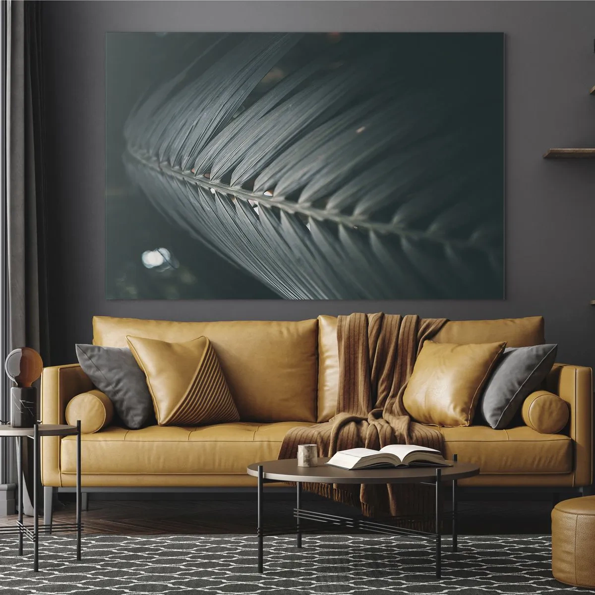 Glass picture - Close-up of a dark green palm leaf with light reflection - 70x50cm - Precision of Nature - Modern wall decoration for the living room and bedroom ARTTOR