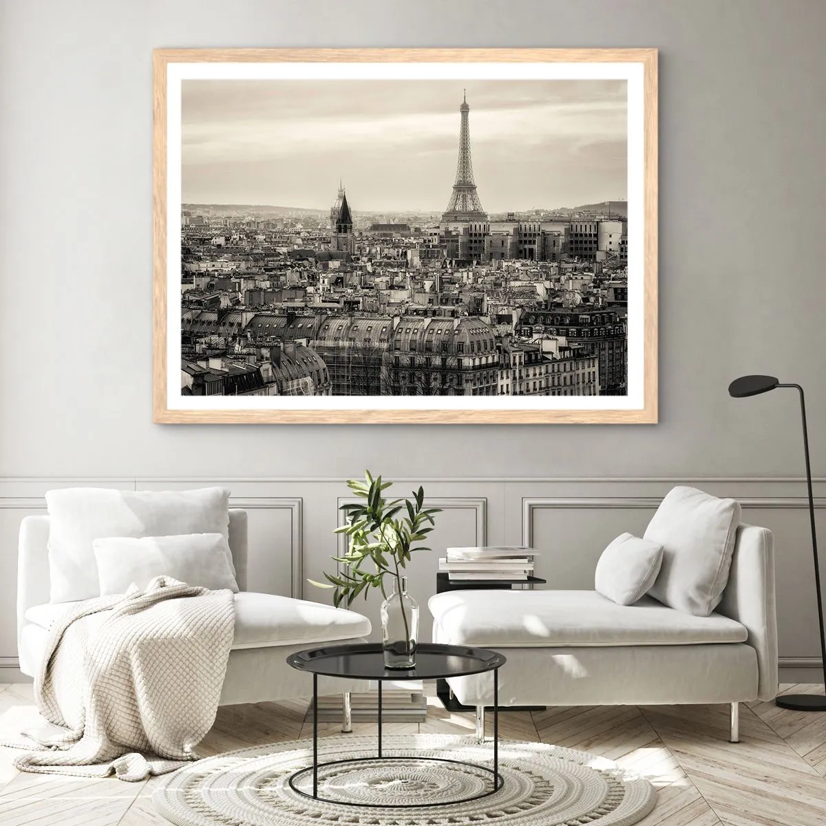 Poster in light oak frame - Over the Roofs of Paris - 100x70 cm