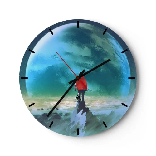 Wall clock - Clock on glass - A figure on a mountaintop overlooking a green planet - 30x30cm - Discoverer of a New Land - Modern wall decoration for the living room, kitchen, and bedroom ARTTOR