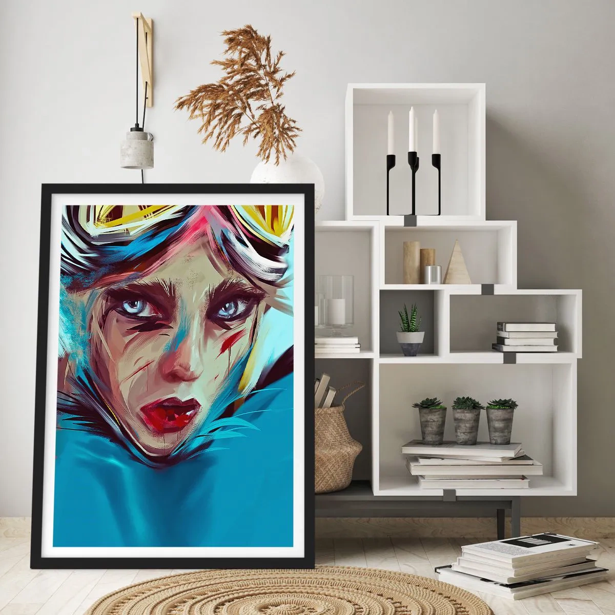 Poster in black frame - Portrait of a woman with an intense gaze and a blue background - 50x70cm - Road Mistress - Modern wall decoration for the living room and bedroom ARTTOR
