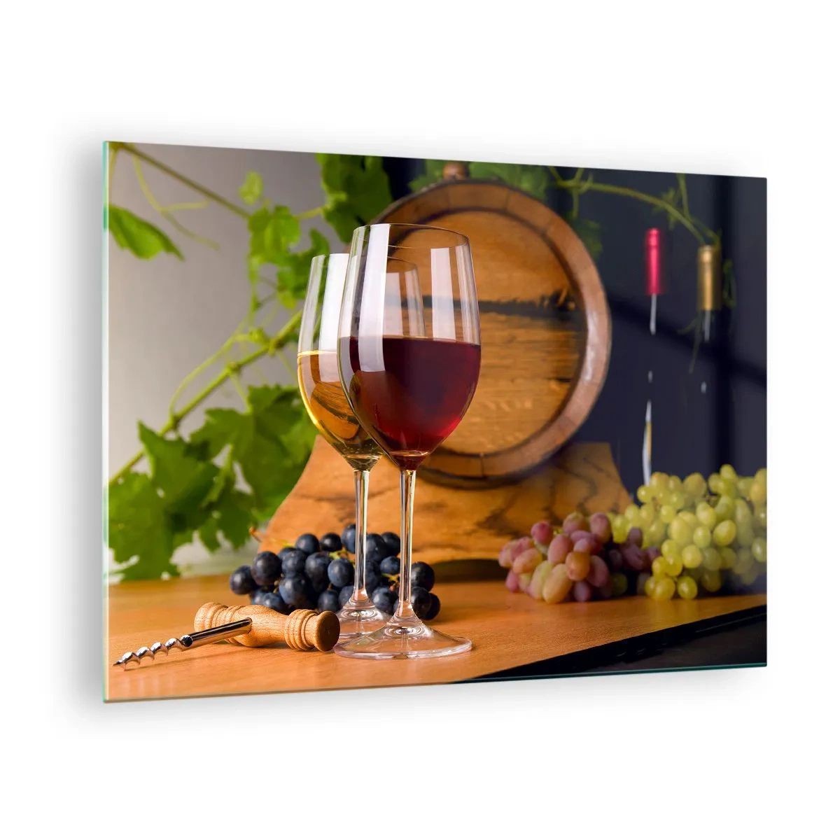 Glass picture - Glasses of wine, grapes and a barrel against a background of vine leaves - 70x50cm - Like at Old Masters - Modern wall decoration for the living room and bedroom ARTTOR