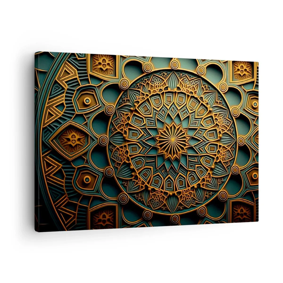 Canvas picture - A gold mandala on a turquoise background with rich details. - 70x50cm - In Arabic Style - Modern wall decoration for the living room and bedroom ARTTOR