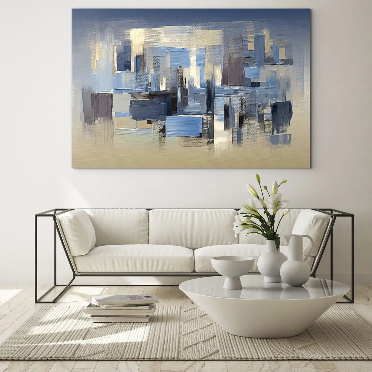 Glass picture - Geometric brushstrokes in shades of blue and beige - 70x50cm - Blue Construction - Modern wall decoration for the living room and bedroom ARTTOR
