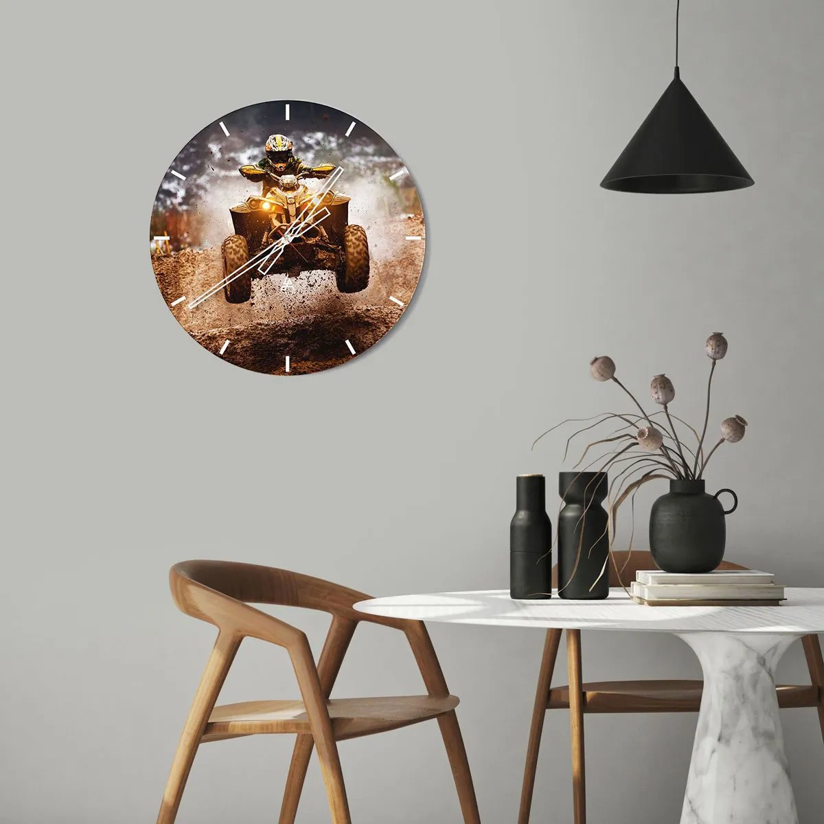 Wall clock - Clock on glass - A quad bike in motion on a muddy track, dynamic off-road riding - 30x30cm - No Risk No Fun - Modern wall decoration for the living room, kitchen, and bedroom ARTTOR