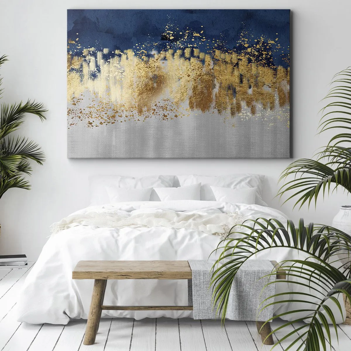 Canvas picture - An abstract composition in shades of gold and navy blue. - 70x50cm - Modern Composition and Twinkle - Modern wall decoration for the living room and bedroom ARTTOR