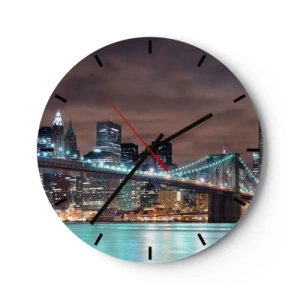 Wall clock - Clock on glass - Brooklyn Bridge and the New York skyline at night - 30x30cm - Big City Lights - Modern wall decoration for the living room, kitchen, and bedroom ARTTOR