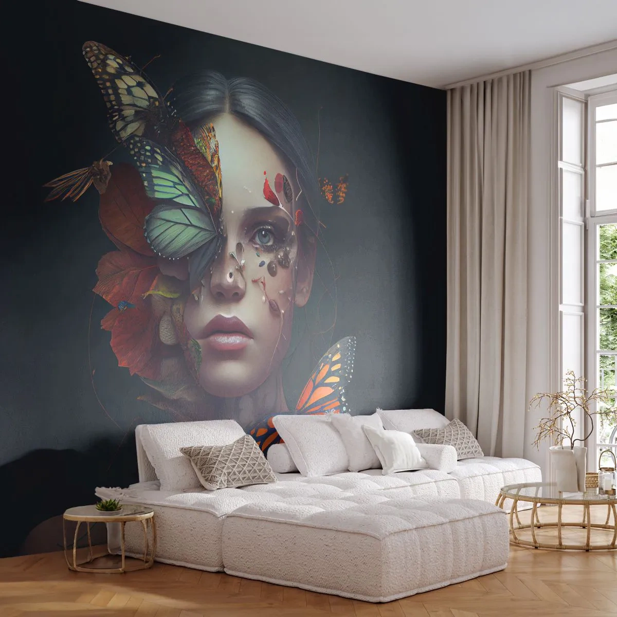 Photo Wallpaper Standard Eco - Wonderful Metamorphosis - Butterflies, Face, Woman - 350x256 cm