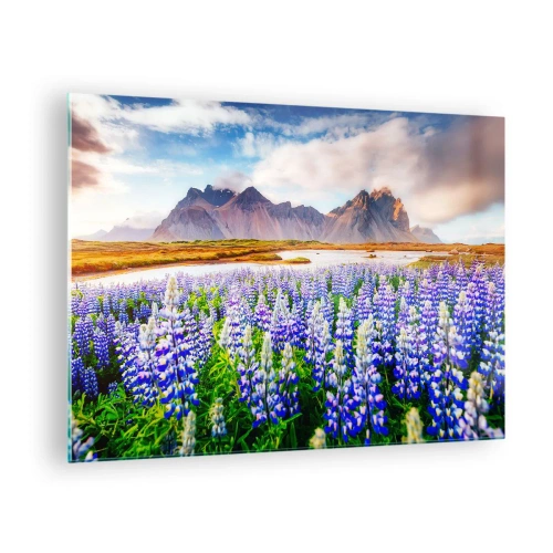 Glass picture - A mountain landscape with a flowering meadow and majestic peaks - 70x50cm - Strength and Severity next to Sweetness - Modern wall decoration for the living room and bedroom ARTTOR