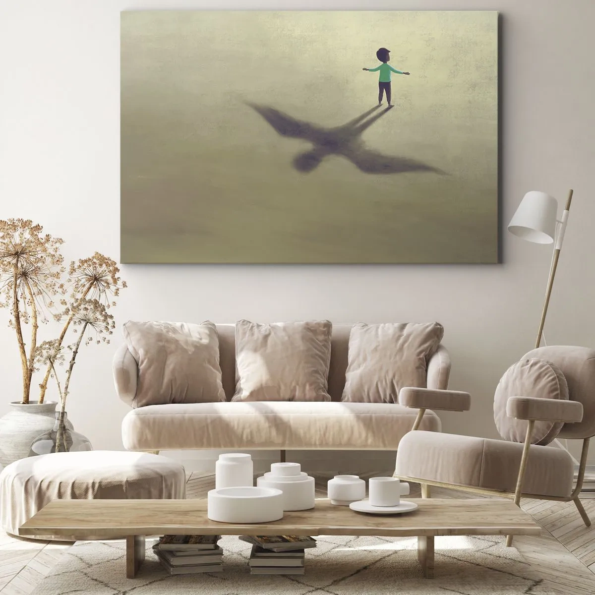 Canvas picture - A symbolic figure of a child with the shadow of a bird against a background in warm shades. - 70x50cm - Hero of the Future - Modern wall decoration for the living room and bedroom ARTTOR