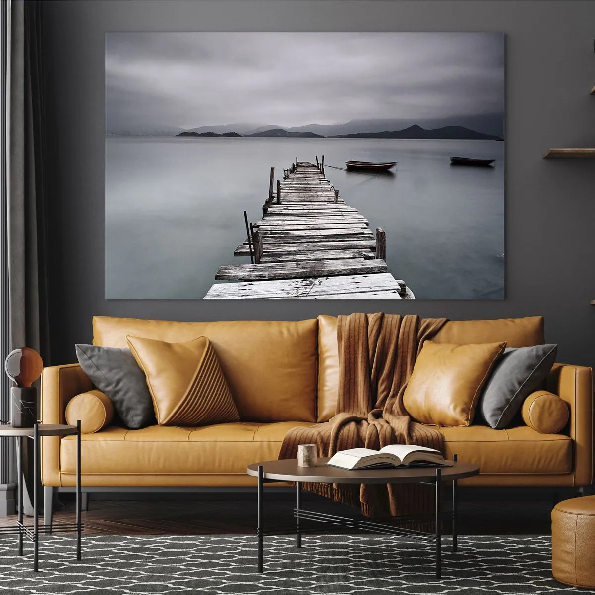 Glass picture - A wooden jetty on a lake on a foggy day - 70x50cm - Tomorrow You Can Go - Modern wall decoration for the living room and bedroom ARTTOR