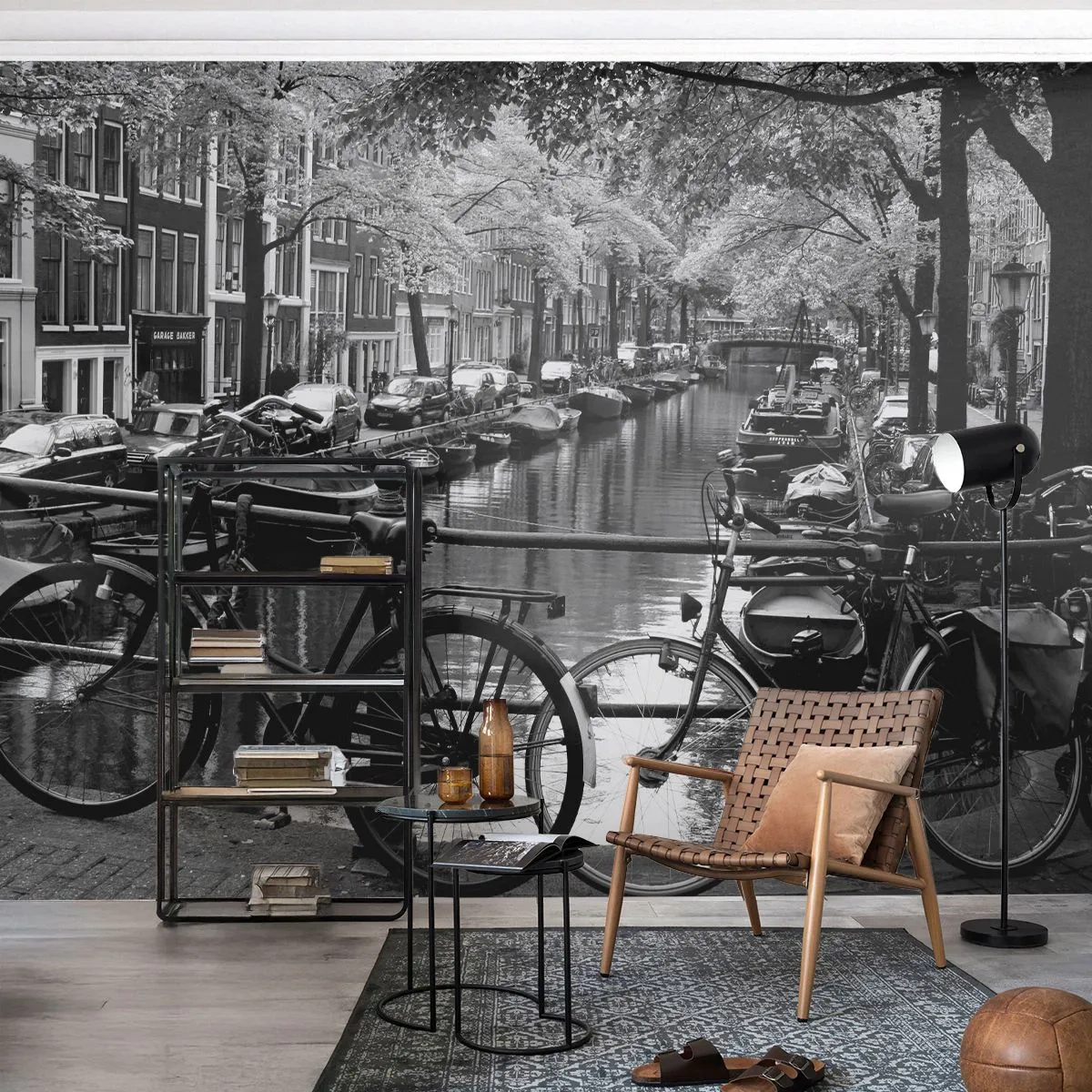 Photo Wallpaper Standard Eco - Black and white view of the canal and bicycles - 100x70cm - A Very Dutch View - Modern wall decoration for the living room and bedroom ARTTOR