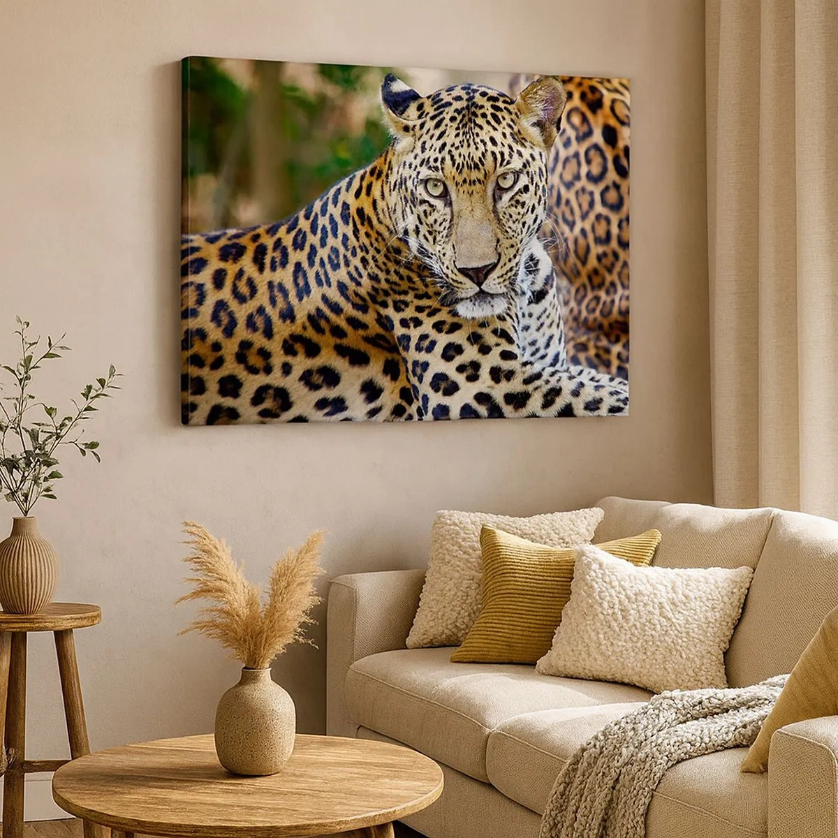 Canvas picture - Jaguar resting in natural surroundings with a green background. - 70x50cm - Wild and Calm - Modern wall decoration for the living room and bedroom ARTTOR