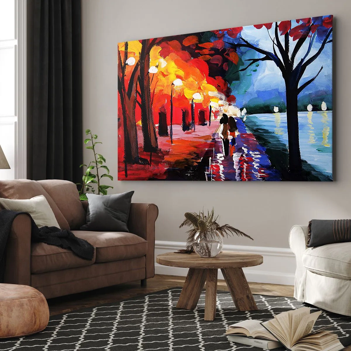 Canvas picture - An autumn walk along the path overlooking the water - 70x50cm - Flaming Autumn in the Park - Modern wall decoration for the living room and bedroom ARTTOR