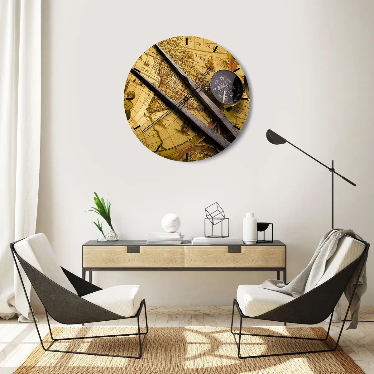 Wall clock - Clock on glass - Antique map with compass and compass - 30x30cm - With a Compass through the Seas - Modern wall decoration for the living room, kitchen, and bedroom ARTTOR