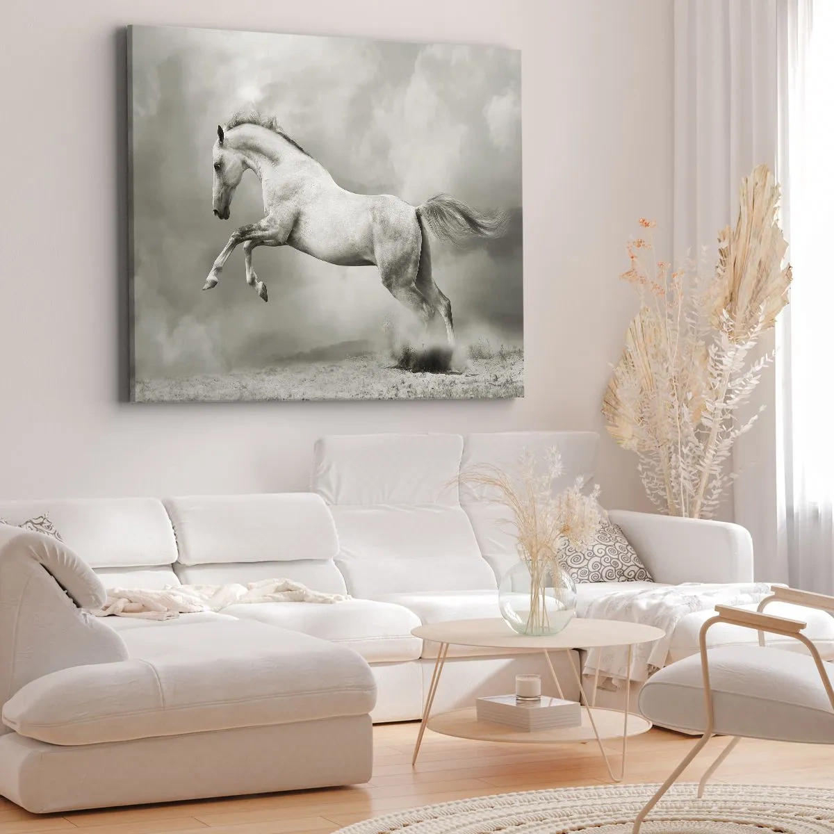 Canvas picture - A white horse in a dynamic jump against the background of misty clouds. - 70x50cm - Between Dream and Reality - Modern wall decoration for the living room and bedroom ARTTOR
