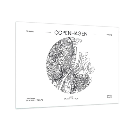 Glass picture - A map of Copenhagen in the form of a graphic street sketch - 70x50cm - Anatomy of Copenhagen - Modern wall decoration for the living room and bedroom ARTTOR