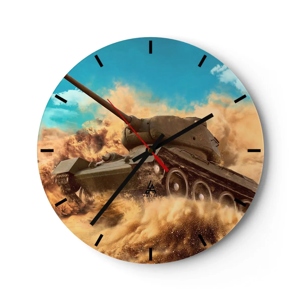 Wall clock - Clock on glass - Dynamic scene of a tank crossing the desert in action - 30x30cm - Invinicible - Modern wall decoration for the living room, kitchen, and bedroom ARTTOR