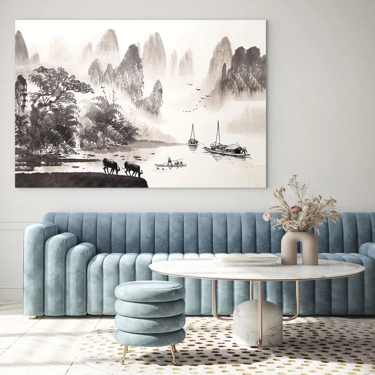 Glass picture - Chinese landscape with mountains, trees and water - 70x50cm - Everyday Life in the East - Modern wall decoration for the living room and bedroom ARTTOR