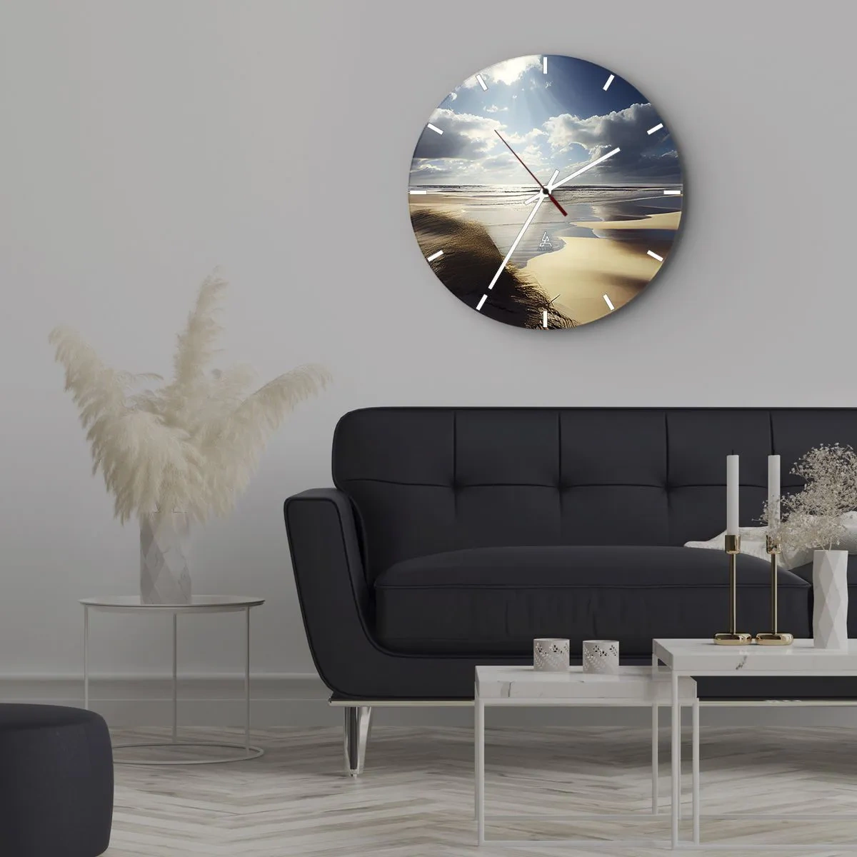 Wall clock - Clock on glass - A wild beach with dunes illuminated by sunlight and clouds - 30x30cm - Beach, Wild Beach - Modern wall decoration for the living room, kitchen, and bedroom ARTTOR
