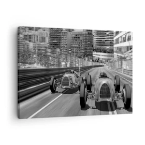 Canvas picture - Monochrome retro car race scene - 70x50cm - Long Time Ago in Monte Carlo - Modern wall decoration for the living room and bedroom ARTTOR