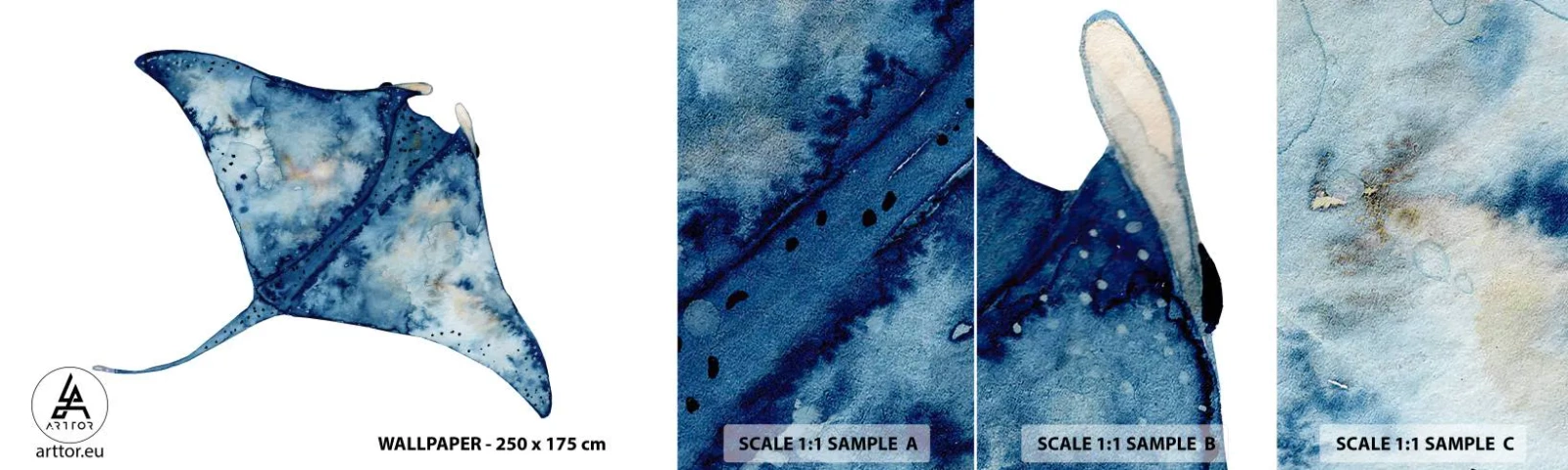 Photo Wallpaper Sample Self-Adhesive Deluxe Sticker - Life In Blue - Stingray, Fish, Seaside Style - 100x30 cm