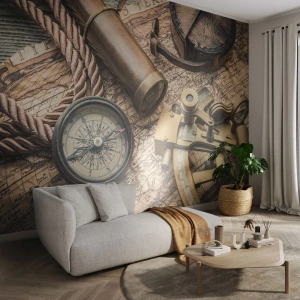Photo Wallpaper Standard Eco - Antique compass, map and navigational instruments - 100x70cm - Show the Way - Modern wall decoration for the living room and bedroom ARTTOR