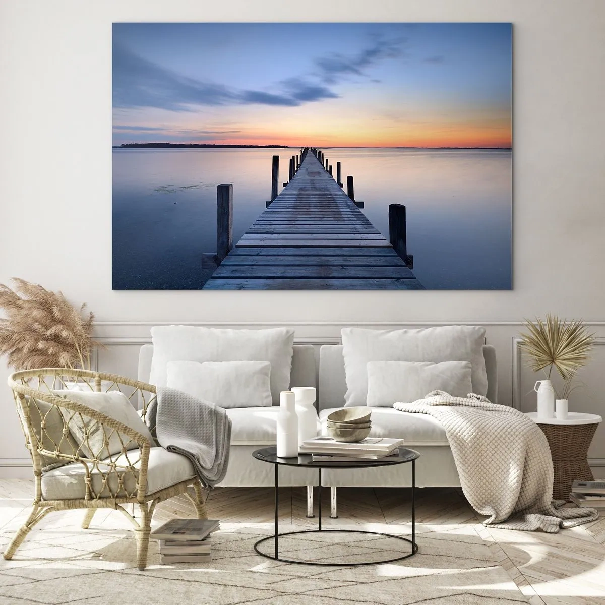 Glass picture - A wooden jetty over a calm lake at sunset - 70x50cm - Calm of a Quiet Dusk - Modern wall decoration for the living room and bedroom ARTTOR