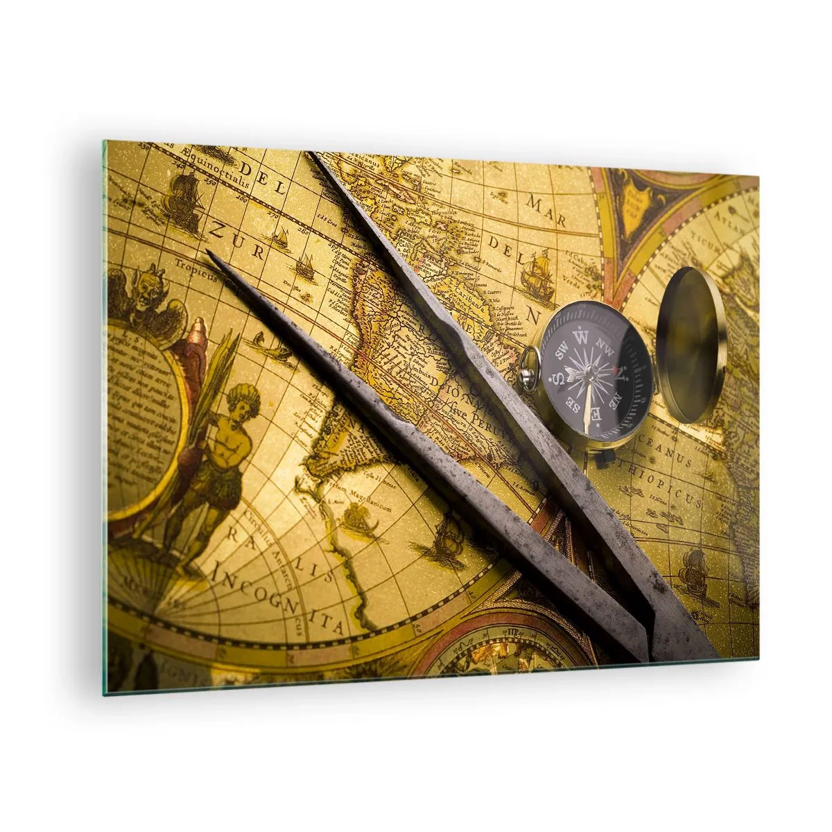 Glass picture - Old map with compass and compass - 70x50cm - With a Compass through the Seas - Modern wall decoration for the living room and bedroom ARTTOR